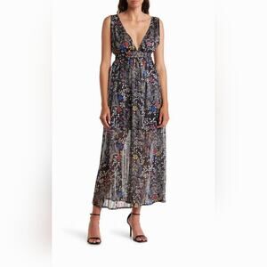 Raga Plunge Floral V-Neck Maxi-Dress Sheer Overlay Metallic Pinstripe | Size S